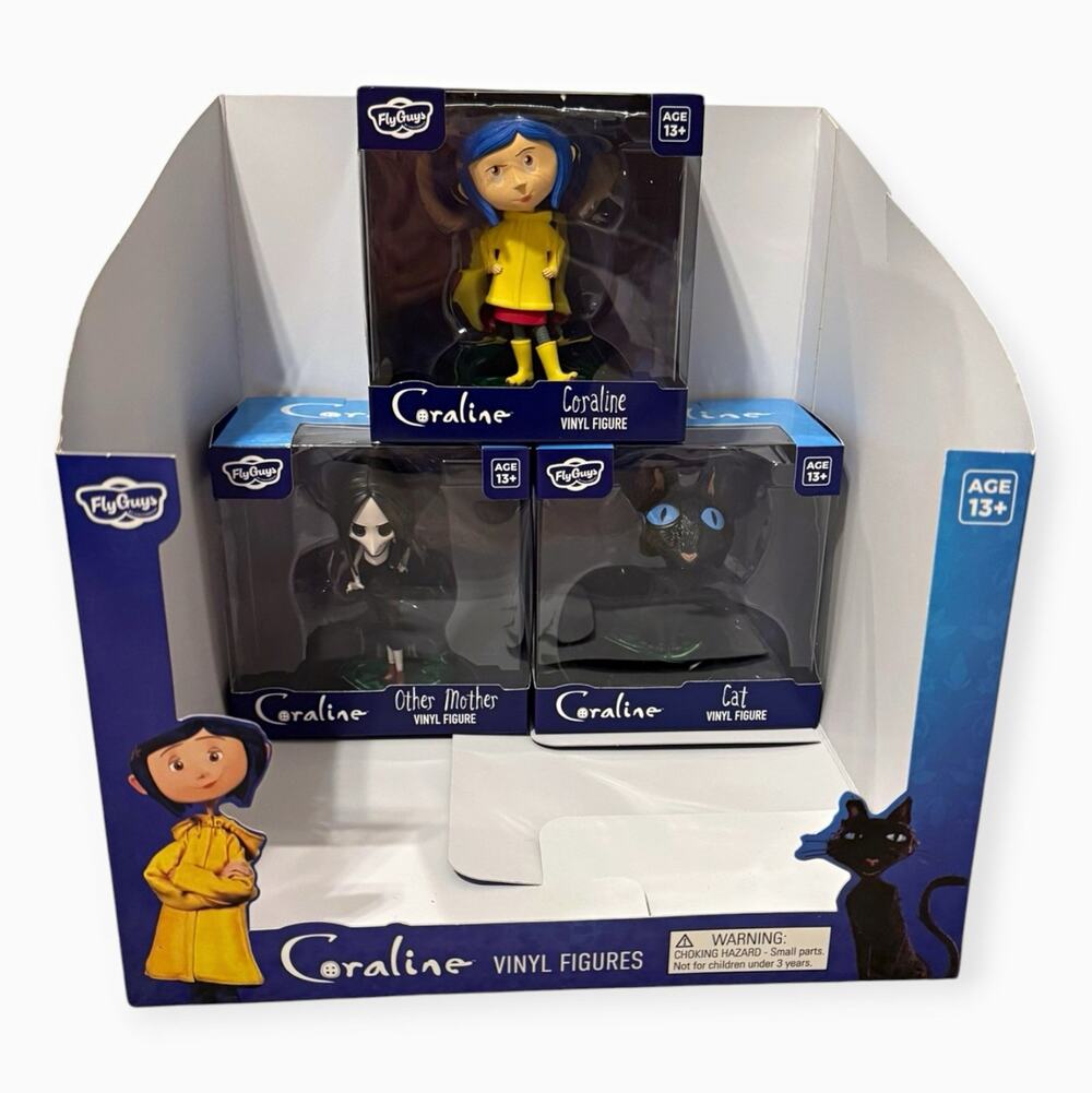 Coraline Fly Guys Vinyl Figures COMPLETE Set Coraline Cat Other Mother + Display